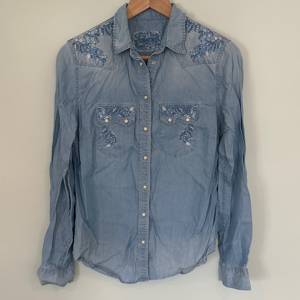 Grace Light Blue Embroidered Denim Western Shirt
